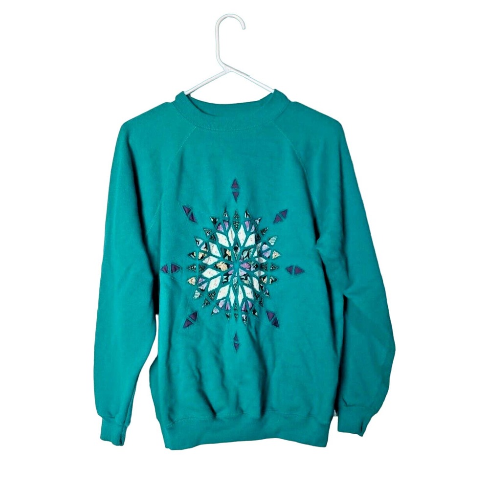 VTG Hanes Her Way Teal‎ Green Geometric Knit Pullover Sweatshirt Womans Large